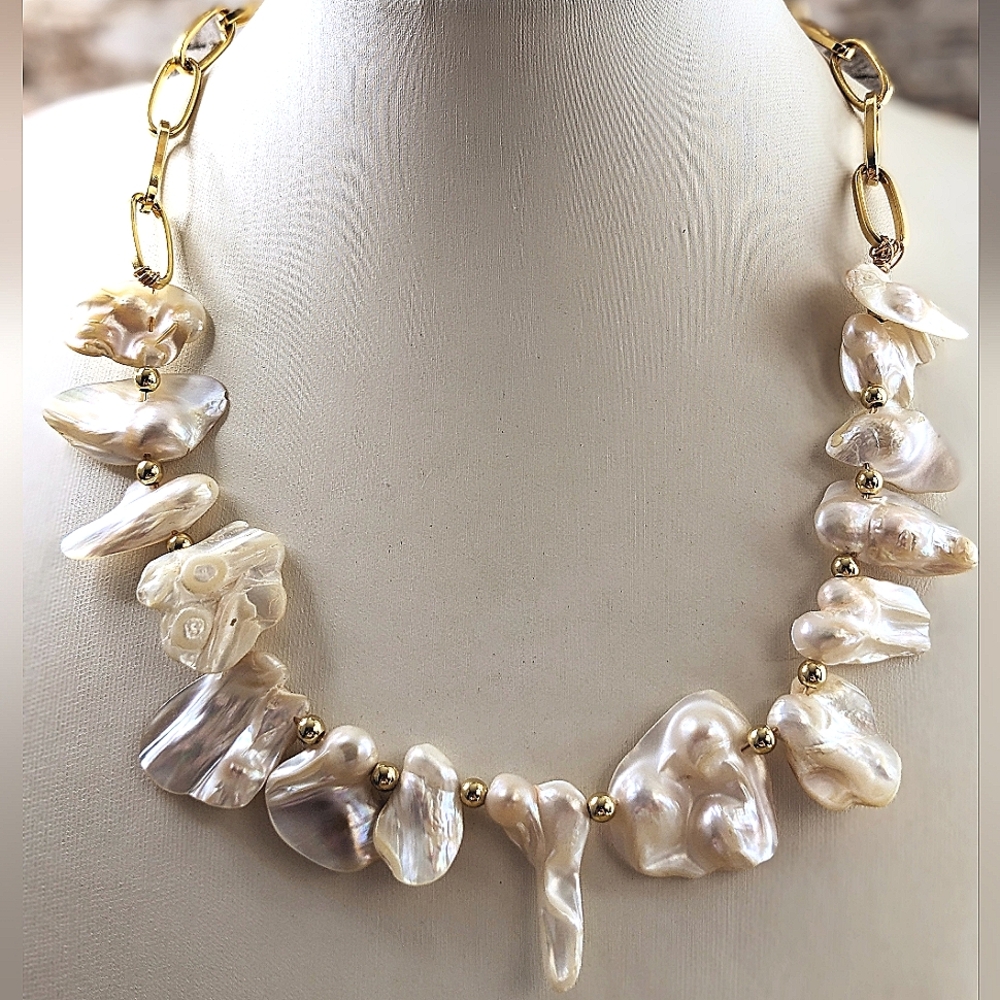 White Irregular Keshi Pearls In Classic 18K Gold  Plated Paperclip Necklace - Picture 2 of 9
